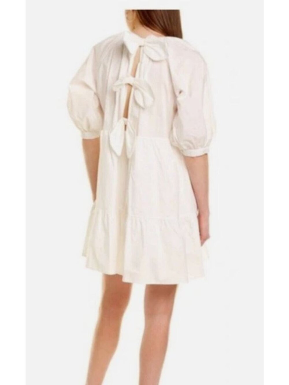 NWT Beulah Style White Tiered Puff Sleeve Dress With Cutout Bow Detail Size M - Picture 2 of 9